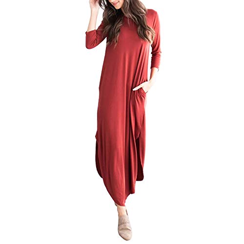 Lveberw Long Nightgown, Sleepwear Full Length Sleep Shirt with Pockets, Womens Loungewear, Maxi Dress Pajamas (Brick Red, X-Large)