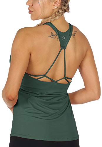 icyzone Women's Built in Bra Workout Tank Tops - Strappy Athletic Yoga Tops, Exercise Running Gym Shirts (Smoke Pine, Small)