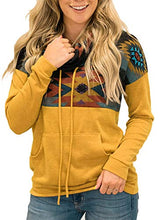 Load image into Gallery viewer, Aleumdr Women Autumn Winter Cowl Neck Color Block Pullover Sweatshirts Tops Casual Aztec Printed Patchwork Blouses with Pockets Yellow Large 12 14
