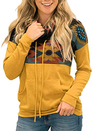 Aleumdr Women Autumn Winter Cowl Neck Color Block Pullover Sweatshirts Tops Casual Aztec Printed Patchwork Blouses with Pockets Yellow Large 12 14