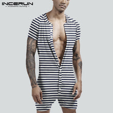 Load image into Gallery viewer, 2021 Striped Men Pajamas Playsuit Short Sleeve Button Fitness Homewear Comfortable Shorts Mens Rompers Sleepwear INCERUN S-5XL 7
